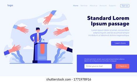 Candidate election campaign. Hands of voters pointing at politician flat vector illustration. Political leader, voting, referendum concept for banner, website design or landing web page