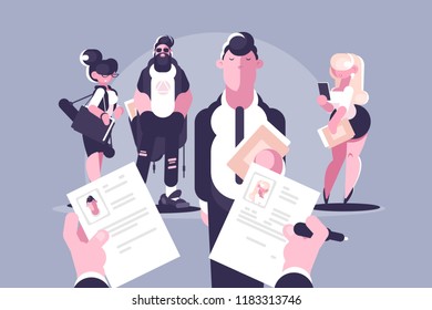 Candidate election and gender equality. Concept recruitment with hr, choice between man and woman. Vector illustration.