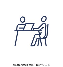 Candidate and employer having job interview icon. Customer consulting expert, businesspeople sitting at table with computer and talking. Line icon for business meeting, communication, career concept
