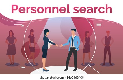 Candidate and employer standing under spotlight and handshaking. Career, hiring, personnel search. Human resource concept. Vector illustration can be used for landing pages, banner and poster design