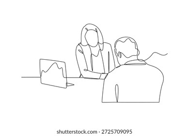 Discussão de Avaliação do Candidato. Recrutamento Conceito Online e Offline. Design de desenho de linha única. Ilustração gráfica vetorial