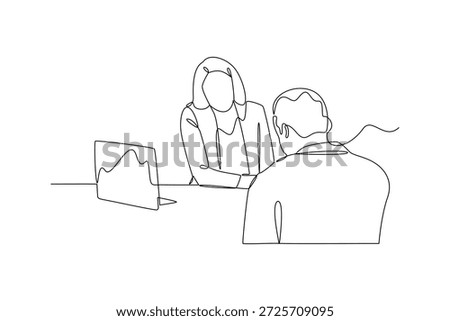 Candidate Evaluation Discussion. Recruitment Online and offline Concept. Single line draw design. Vector graphic illustration