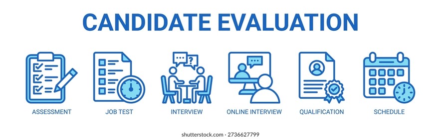 Candidate Evaluation web banner icon vector illustration concept with icon of assessment, job test, interview, online interview, qualification, and schedule.