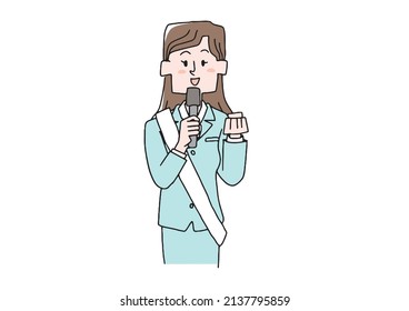 Candidate (female) giving an election speech Comical handwritten person Vector, simple coloring of line drawing