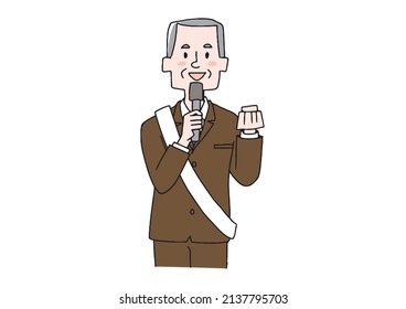 Candidato dando un discurso electoral (hombre mayor) Comical persona escrita a mano Vector, simple coloreo de dibujo de línea
