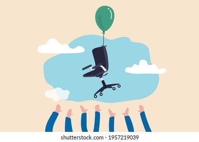 Candidate grabbing vacancy chair, human resources, HR recruitment concept, candidates hand trying to grab office chair flying in the air with balloon.