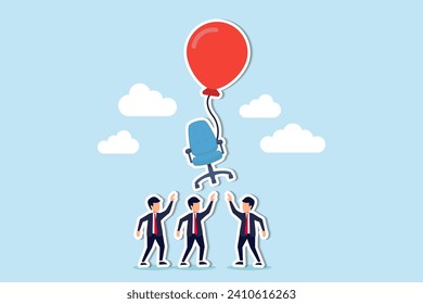 Bewerber, die freie Stelle Stuhl, Humanressourcen, Personalrekrutierungskonzept, Kandidaten Hand zu versuchen, Büro-Stuhl in der Luft fliegen mit Ballon.