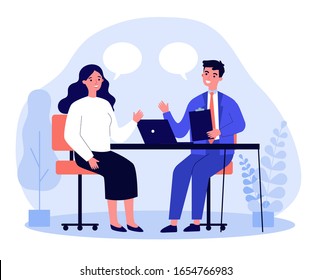 Candidate and HR manager having job interview. Business man and woman meeting at table, talking with speech bubbles. Vector illustration for conversation, career, human resource concept