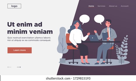 Candidato y gerente de recursos humanos con entrevista de trabajo. Hombre de negocios y mujer reuniéndose en la mesa, hablando con burbujas de habla. Ilustración vectorial para la conversación, carrera, concepto de recursos humanos