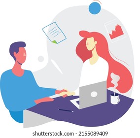 Candidate and HR manager having job interview. Business man and woman meeting at table, talking with speech bubbles. Vector illustration for conversation, career, human resource concept.