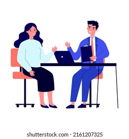 Candidato y gerente de recursos humanos con entrevista de trabajo. Hombre de negocios y mujer reuniéndose en la mesa, hablando con burbujas de habla