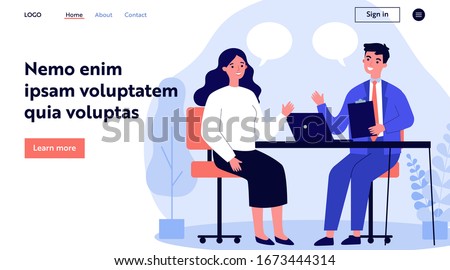 Candidate and HR manager having job interview. Business man and woman meeting at table, talking with speech bubbles. Vector illustration for conversation, career, human resource concept