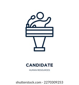 Kandidatensymbol aus der Personalsammlung. Dünner linearer Kandidat, Rekrutierung, Arbeitskontursymbol einzeln auf weißem Hintergrund. Zeilenvektorbewerbungszeichen, Symbol für Web und Mobile