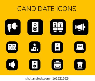 candidate icon set. 12 filled candidate icons. Included Speaker, Speakers, Podium, Vote, Job search, Tribune icons