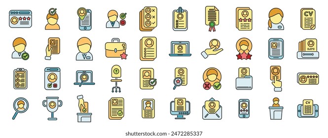 Los iconos de candidatos establecen el Vector de esquema. Equipo de trabajo. Hombre trabajo línea delgada color plano en blanco