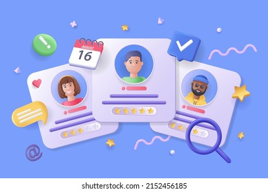 Candidate for job concept 3D illustration. Icon composition with different CVs of job seekers, scheduling interview date, process of searching and hiring. Vector illustration for modern web design