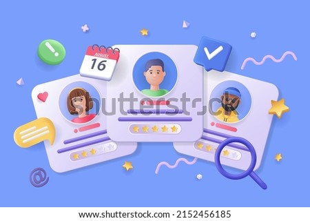 Candidate for job concept 3D illustration. Icon composition with different CVs of job seekers, scheduling interview date, process of searching and hiring. Vector illustration for modern web design