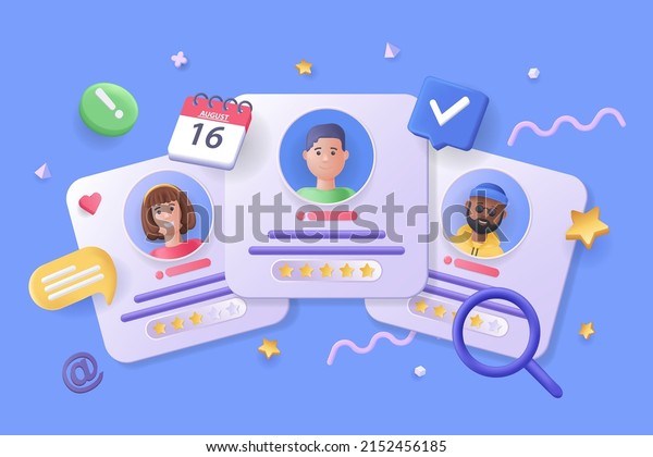 Candidate for job concept 3D illustration. Icon\
composition with different CVs of job seekers, scheduling interview\
date, process of searching and hiring. Vector illustration for\
modern web design