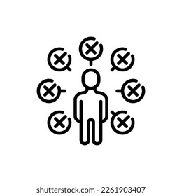 Candidate for job is rejected thin line icon. Not enough qualifications. Checklist around man with cross marks. Modern vector illustration.