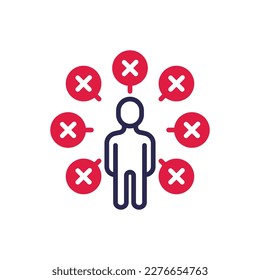 Candidate for job is rejected thin line icon. Not enough qualifications. Checklist around man with cross marks. Modern vector illustration.