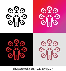 Candidate for job is rejected thin line icon. Not enough qualifications. Checklist around man with cross marks. Modern vector illustration.