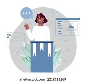 Candidate lead lecture. Woman stands right here with pedestal and tells election program. Democracy and freedom of speech, politician, public speaking and orator. Cartoon flat vector illustration