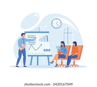 Candidate for Office Supervisor Gives Presentation in Business Seminar, Using Pie Chart. flat vector modern illustration 