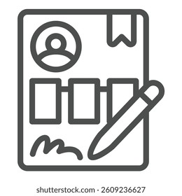 Candidate paper line icon, design recruitment concept. Vector graphics. Recommendation letter with signature and pen sign on white background, outline style icon for mobile or web design