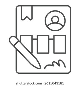 Candidate paper thin line icon, design recruitment concept. Vector graphics. Recommendation letter with signature and pen sign on white background, outline style icon for mobile or web design