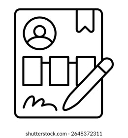 Candidate paper thin line icon, design recruitment concept. Vector graphics. Recommendation letter with signature and pen sign on white background, style mobile or design