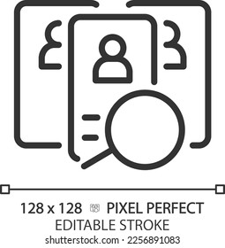 Icono lineal perfecto de píxel candidato. Solicitantes en competencia para el puesto de trabajo. Seleccione un trabajador calificado. Recursos humanos. Ilustración de línea delgada. Símbolo de contorno. Dibujo del contorno del vector. Trazo editable