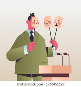 candidate politician covering face under masks with different emotions fake feeling election day mental disorder changing natural personality concept portrait vector illustration