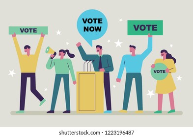 Candidate Politicians Who Make An Election Speech And Supporters Who Promote Him. Flat Design Style Vector Graphic Illustration.