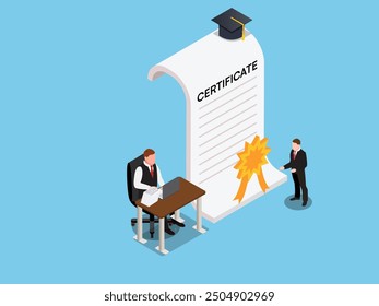 Candidate presenting certificate to recruiter certifying excellence recognizing top talent official recognition achievements 3d isometric vector illustration
