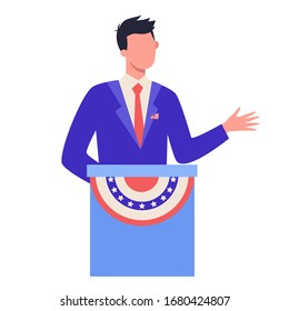 Candidate for president in suit on election campaign. Election speech concept. Career in politics. Isolated vector illustration in cartoon style