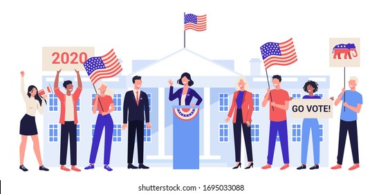 Candidate for president at the tribune. Political speech. Presidential election. Election speech concept. Career in politics. Isolated vector illustration in cartoon style