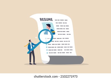 Candidate resume review by HR human resources hiring manager, employment or searching for talent and new staff concept, smart businessman hiring manager using magnifying glass tor review resume.