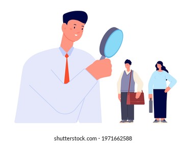 Candidate search. Find professionals, look in magnifier for searching workers. Businessman or hr manager hire talent. Utter vector hiring concept