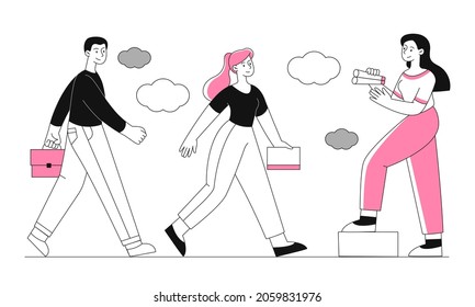 Candidate searches concept. HR manager looks at people passing by. Company inviting new employees, looking for people using binoculars. Cartoon flat vector illustration isolated on white background