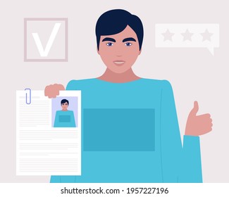 Candidate selection concept. CV approval. Young man searching for a new job. Colorful flat vector illustration