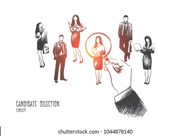 Candidate selection concept. Hand drawn huge hand pointing at one of candidates for job. Concept of recruiting isolated vector illustration.