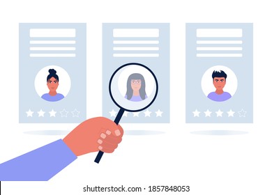 Candidate selection concept. Hand holds big magnifier and examines the resume of candidates. Colorful flat vector illustration