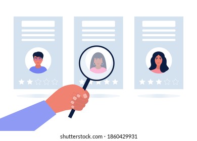 Candidate selection concept. Hand holds big magnifier and examines the resume of candidates. Colorful flat vector illustration