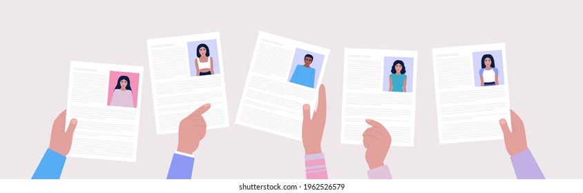 Candidate selection concept. Hand holds cv. People searching for a new job. Colorful flat vector illustration