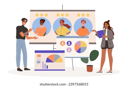 Concepto de selección de candidatos. Caza de cabezas y reclutamiento. Los directores de recursos humanos eligen a un candidato para vacante, léase currículum vitae. Dibujo vectorial plano de dibujos animados aislado en fondo blanco