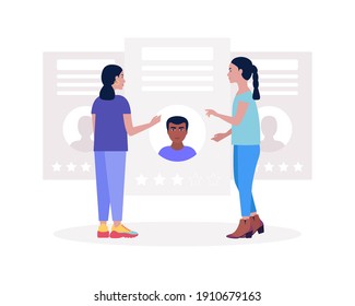 Candidate selection concept. Illustration of talking people. People examine the resume of candidates. Colored vector illustration in flat cartoon style