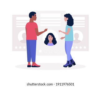 Candidate selection concept. Illustration of talking people. People examine the resume of candidates. Colored vector illustration in flat cartoon style