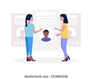 Concepto de selección de candidatos. Ilustración de personas que hablan. La gente examina el currículum de los candidatos. Ilustración vectorial de color en forma de dibujos animados planos