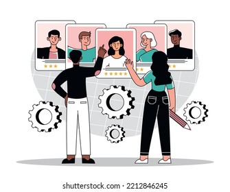 Candidate Selection concept. Woman, man evaluate profiles of candidates for vacancy. Teamwork of HR managers. Rating and ranking, recruitment. Company search workers. Cartoon flat vector illustration