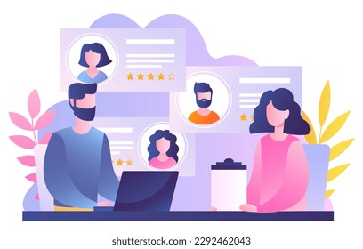 Candidate selection concept. Woman and man with laptop evaluate candidates for vacancy. Team of HR managers at work. Company staff expansion and recruitment. Cartoon flat vector illustration